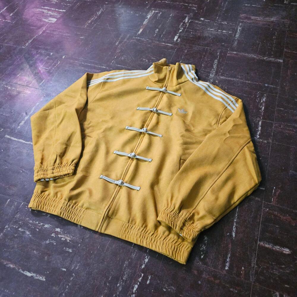 Adidas Track Jacket y2k 3 Stripe Hooded Zip Up Elastic Hem Mustard Yellow (L) ✨
